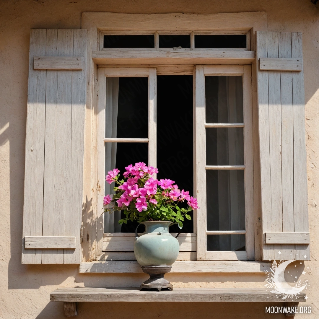 A close-up of a floral printed curtain draped in front of a window with a bokeh view of a blooming garden at night.