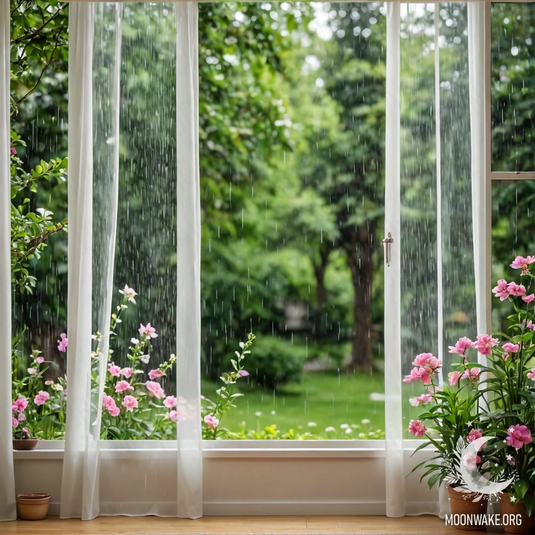 A floral print curtain partially covering a window with a blurred garden view outside in the rain.