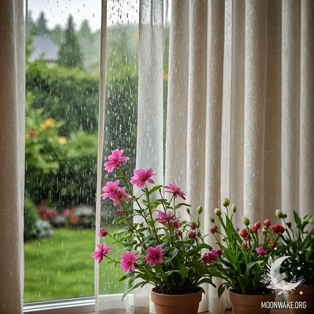 A close-up of a floral curtain with a window and a blurred blooming garden behind it, under rain.
