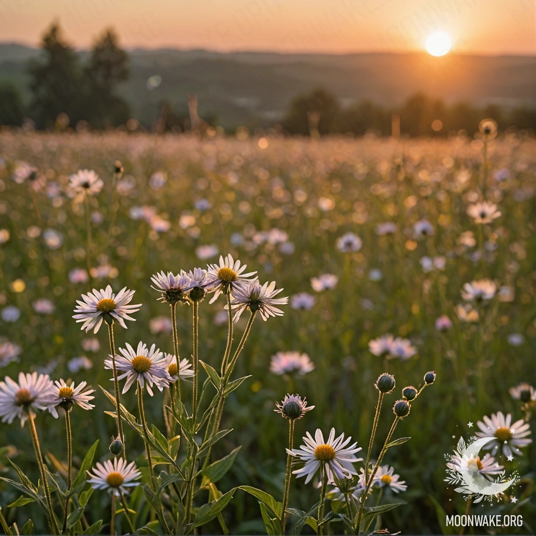A close-up view of delicate flowers in a serene field against a bokeh sunset.