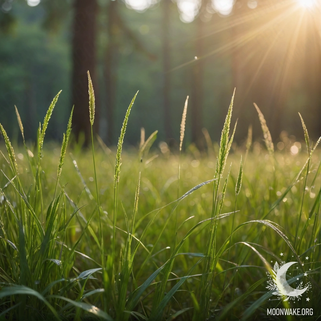 A close-up of delicate grass against a beautifully blurred forest background with lens flares.