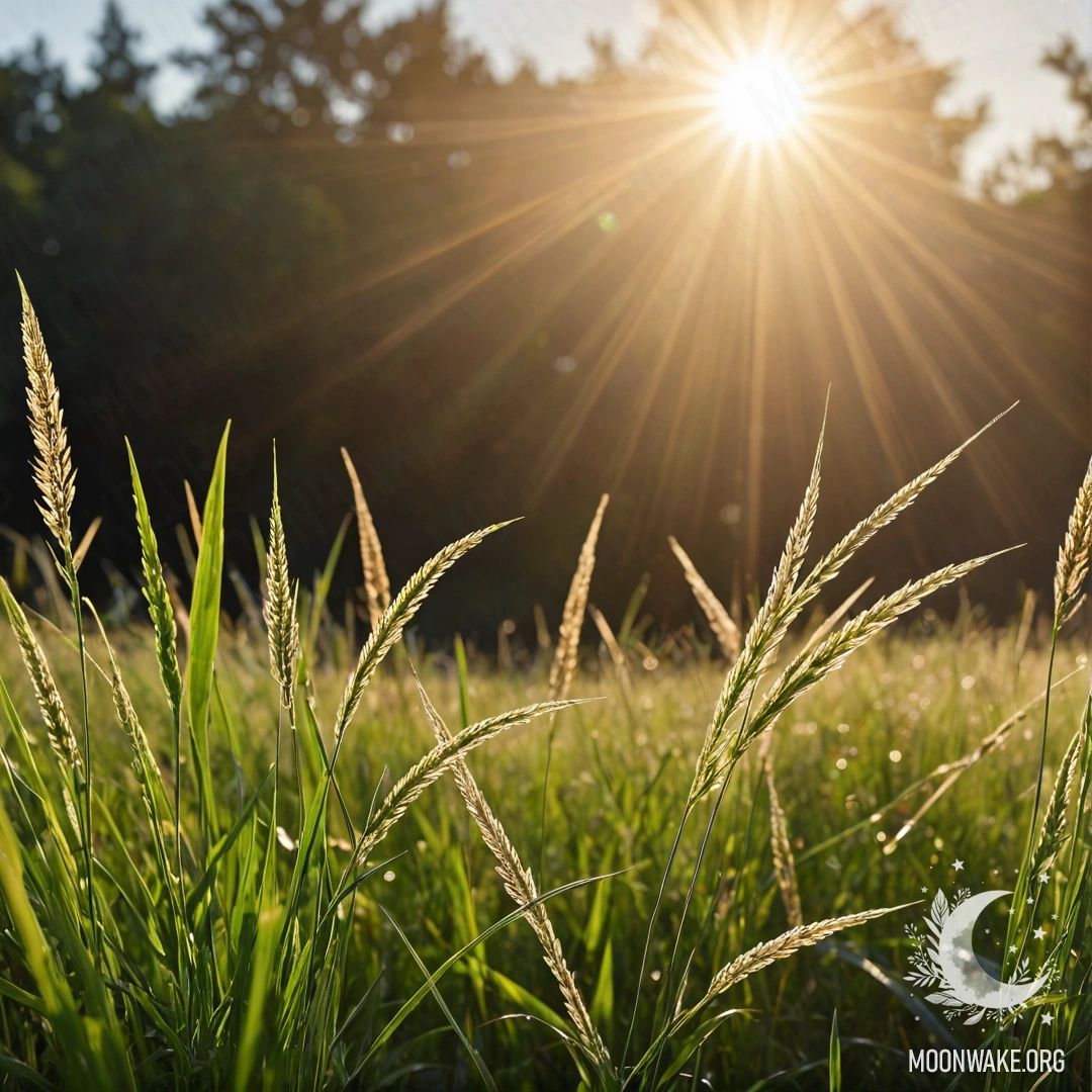 A close-up of grass blades swaying gently in a sunlit field with a bokeh sky filled with soft light.