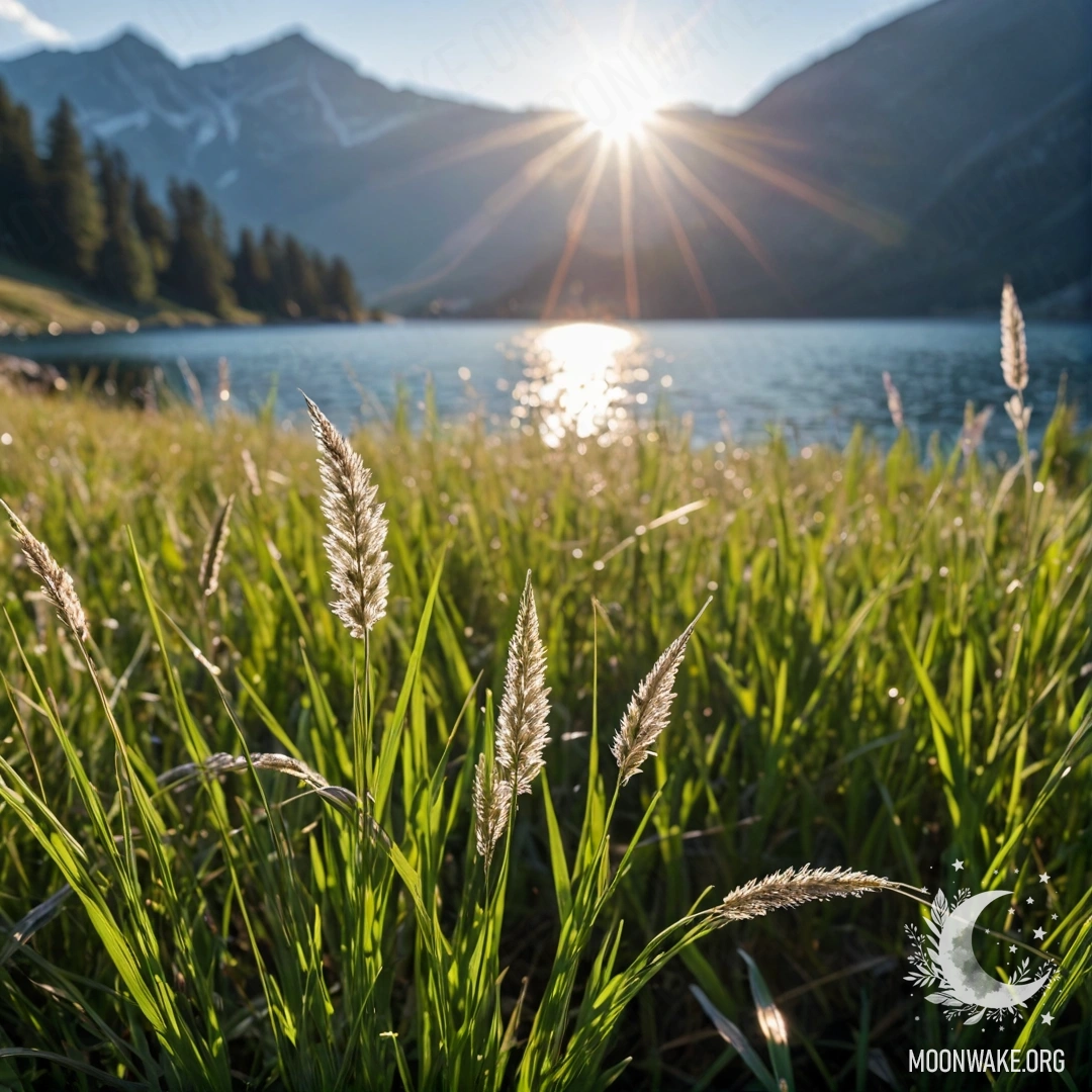 A close-up view of green grass with a blurry mountain lake and sun flares in the background.