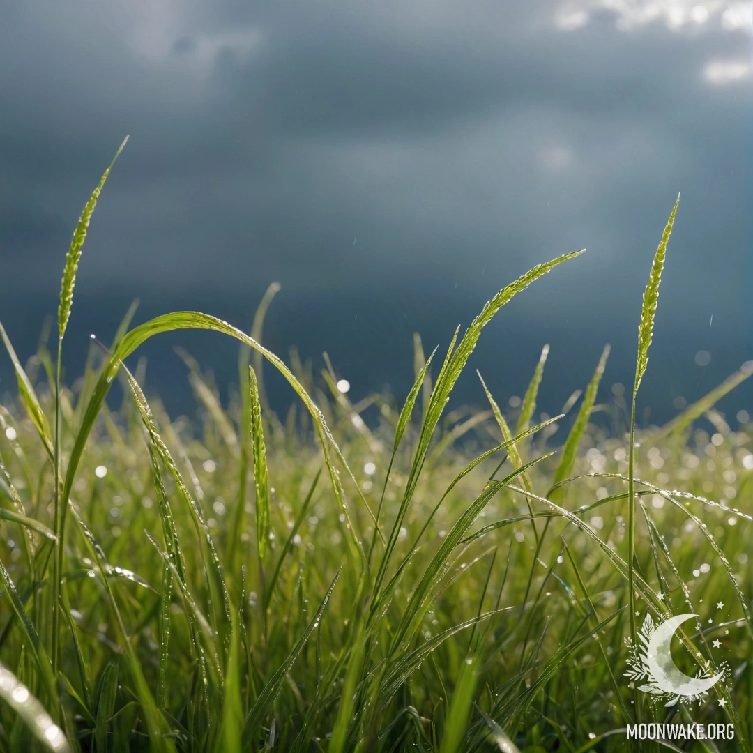 Close-Up of Grass Under Rain with Bokeh Sky A close-up view of grass in the foreground with a blurred, bokeh sky above, showcasing raindrops on the blades.