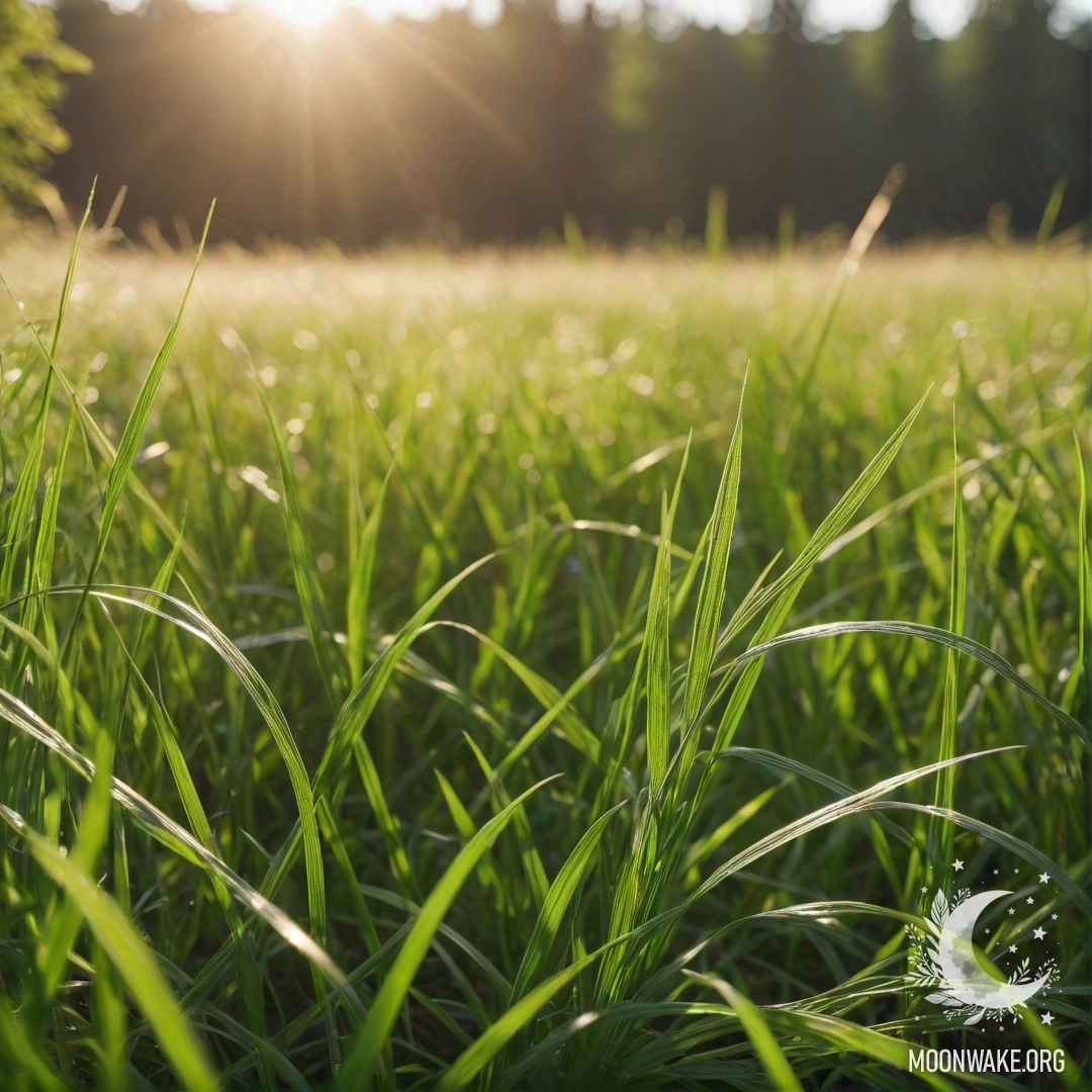 Close-up view of grass in foreground with a blurred forest background on a sunny day.