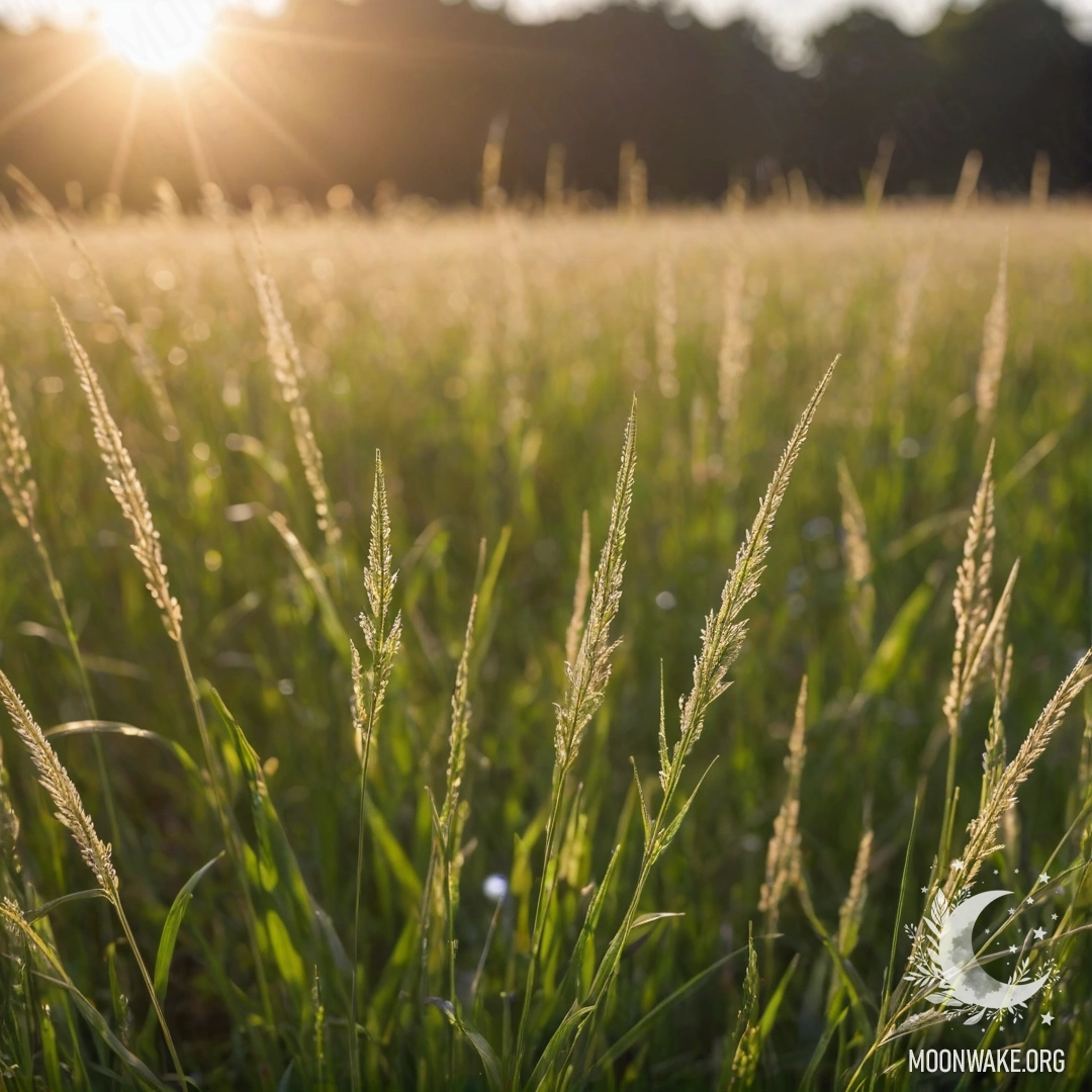 Close-Up of Grassy Field with Bokeh Flowers A close-up view of grass in a field, softly blurred flowers and sun rays in the background.