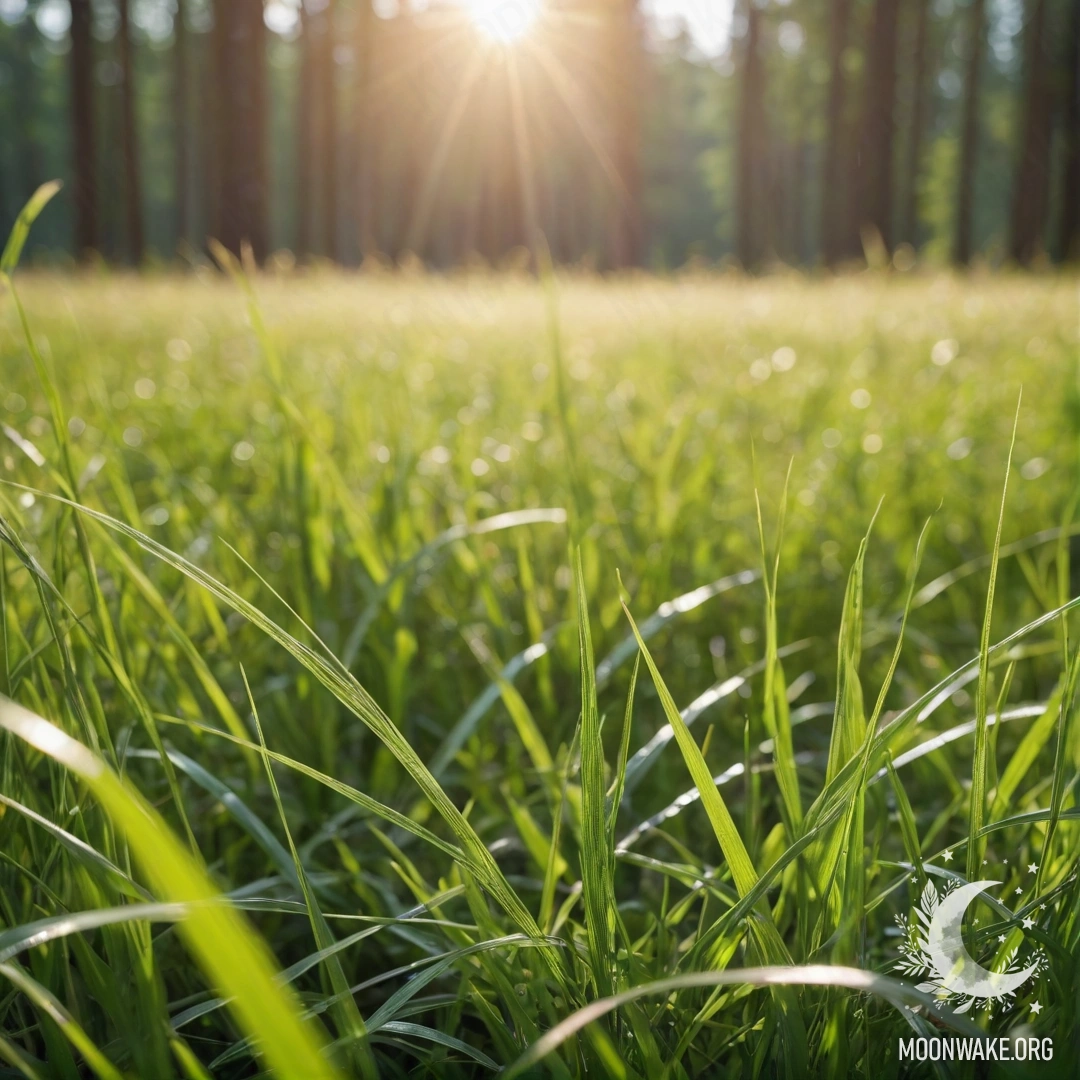 A close-up view of green grass with a bokeh forest in the background on a sunny day.