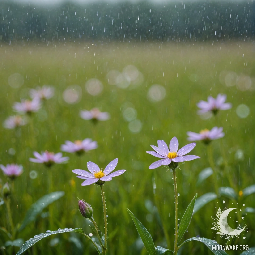 Close-Up of Minimalist Field Flowers in Rain A close-up view of delicate field flowers against a blurred background, with raindrops on petals.
