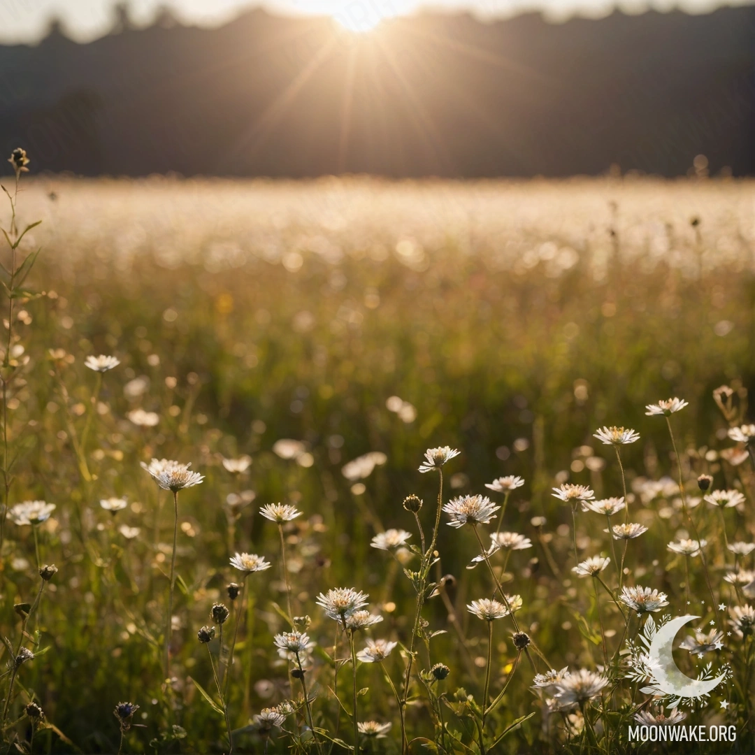 Close-up of delicate field flowers against a bokeh sky filled with lens flares.