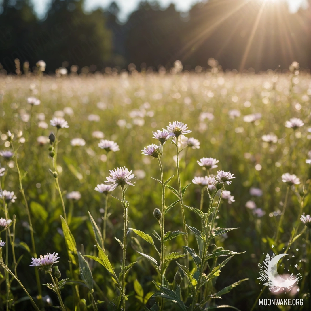 Close-up view of delicate flowers in a peaceful field, blurred background with soft bokeh and lens flares.