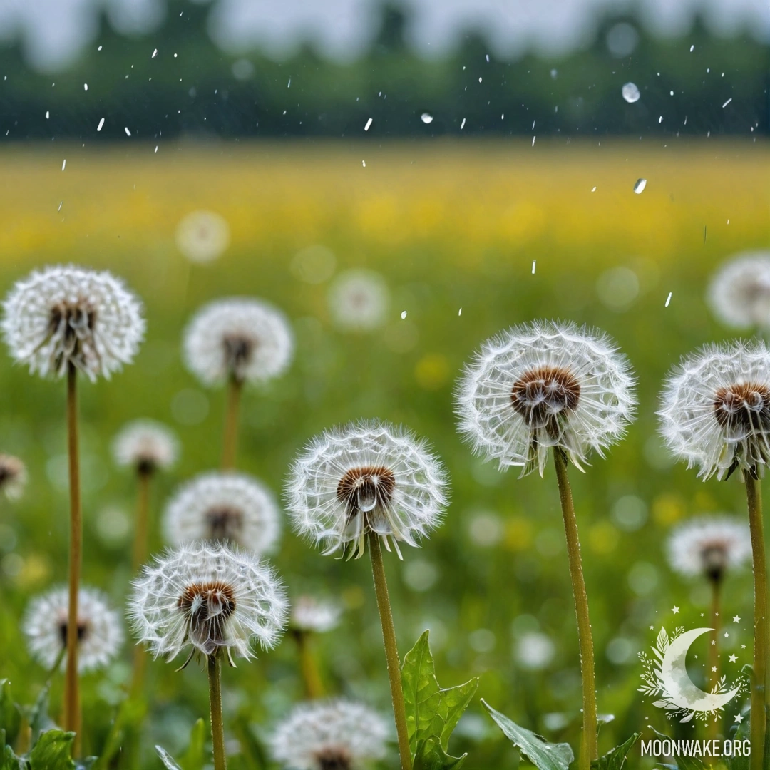 A close-up view of dandelions against a blurred, bokeh background, with rain droplets.