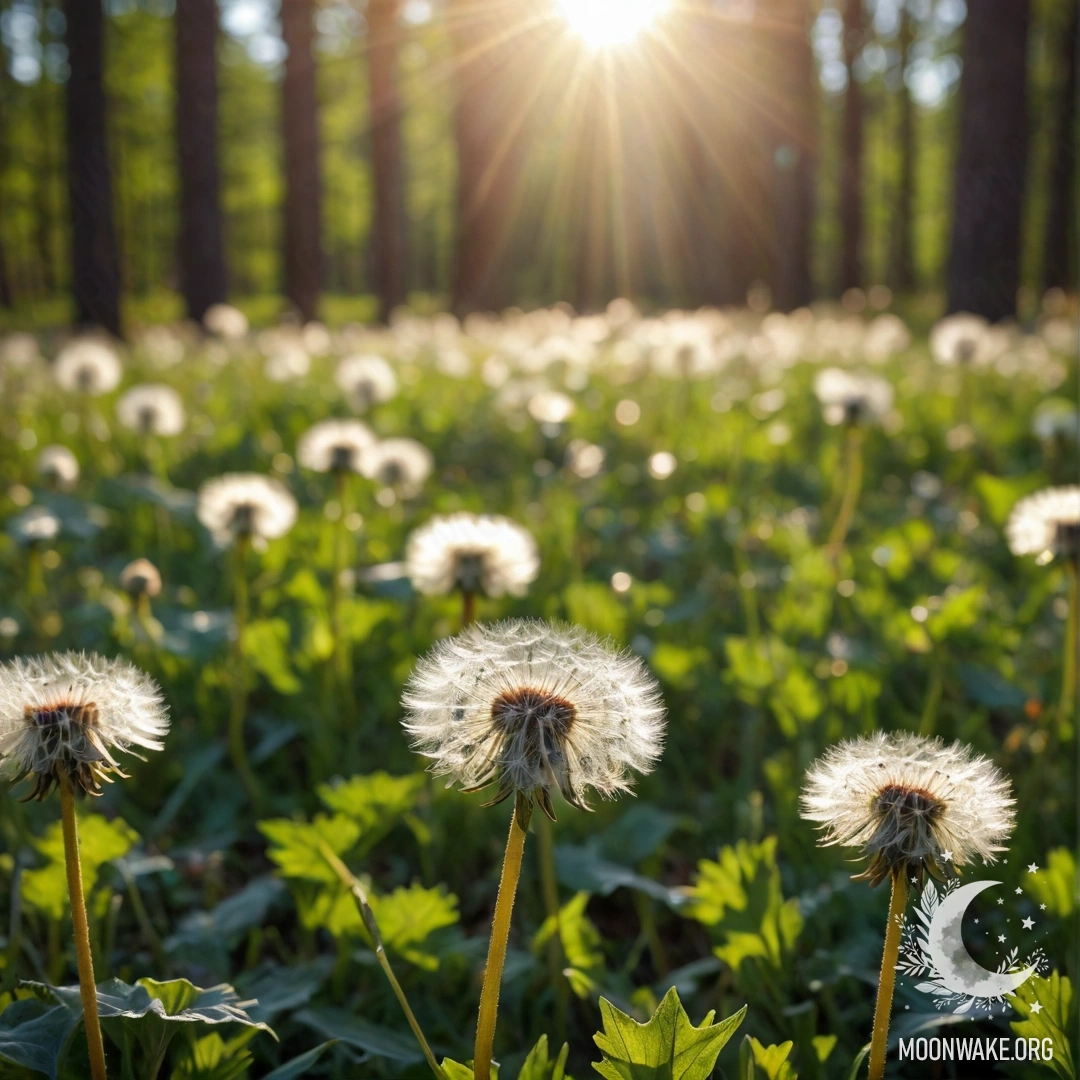 Close-up view of dandelions surrounded by a blurred forest background.