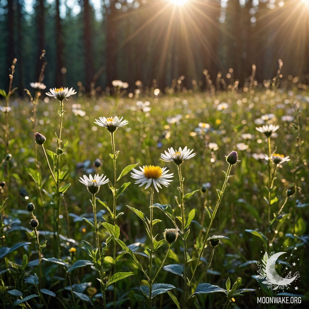 Close-up of delicate sweet flowers surrounded by a blurred forest at night, illuminated by gentle sun rays.