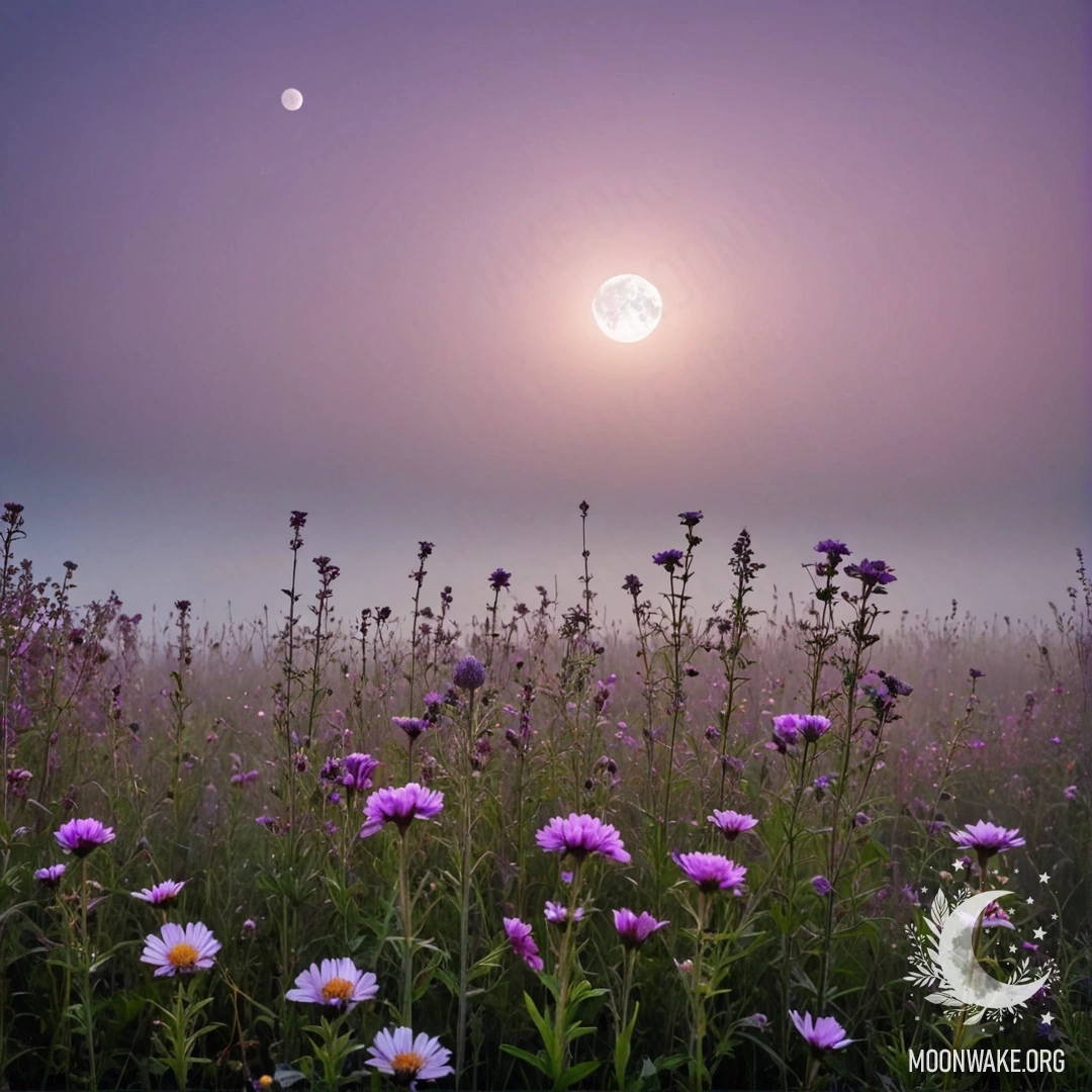 A close view of delicate field flowers set against a pink violet sky with a visible moon.
