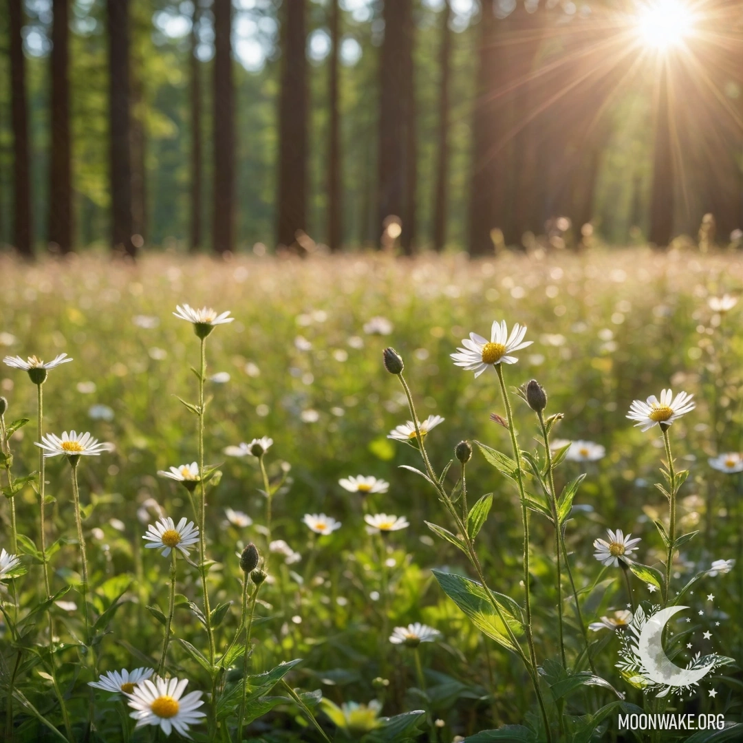 Close-up of Sweet Field Flowers A close-up view of gentle field flowers against a soft bokeh forest background with sunlight filtering through the trees.