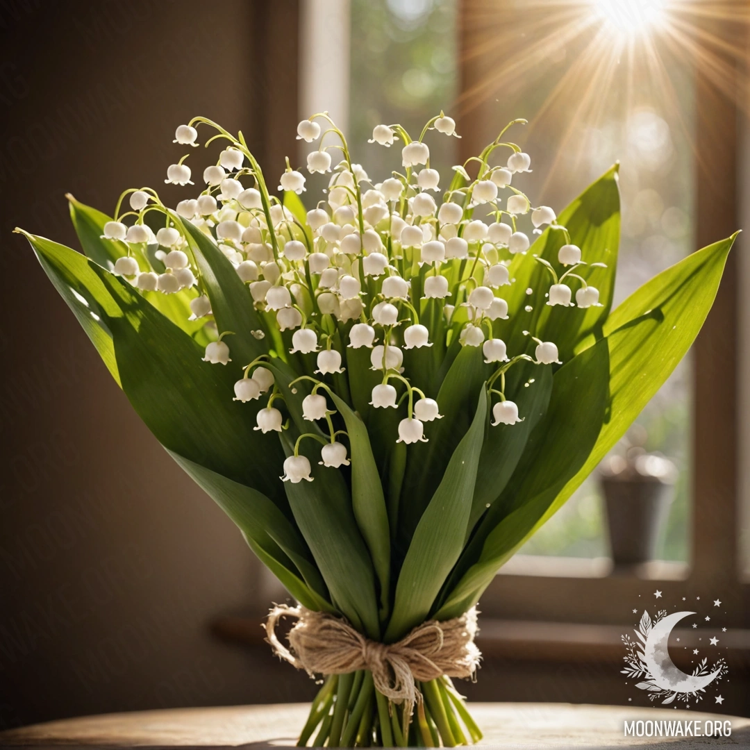 A beautifully arranged bouquet of lily of the valley in soft coffee hues, illuminated by sunny rays.