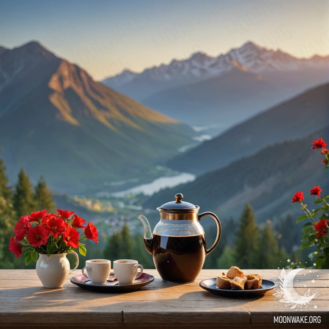 A wooden table with a jar of red flowers and a coffee pot with cups, set against mountains at sunset.