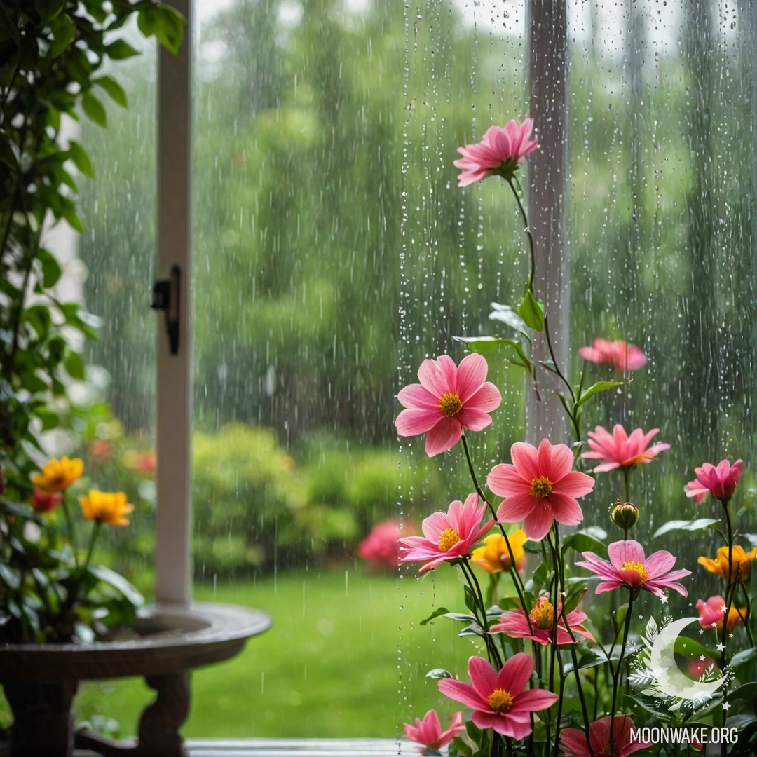 Blooming Garden Behind Floral Curtain A close-up of a floral printed curtain with a blooming garden blurred in the rain visible through the window behind it.