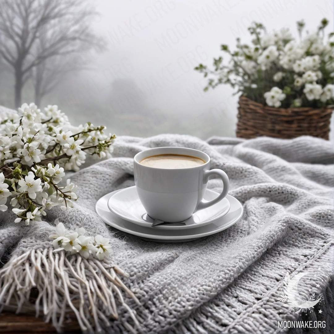 Cozy Armchair with Coffee and Flowers in Fog A close-up of a beautiful white chair with a gray blanket, a book, a branch with white flowers, and a cup of coffee, set in a dense mist.