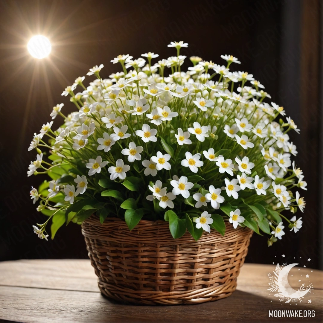 Cozy White Flowers in a Nightlight A cozy basket filled with small white flowers on a wooden table, illuminated by soft night light.