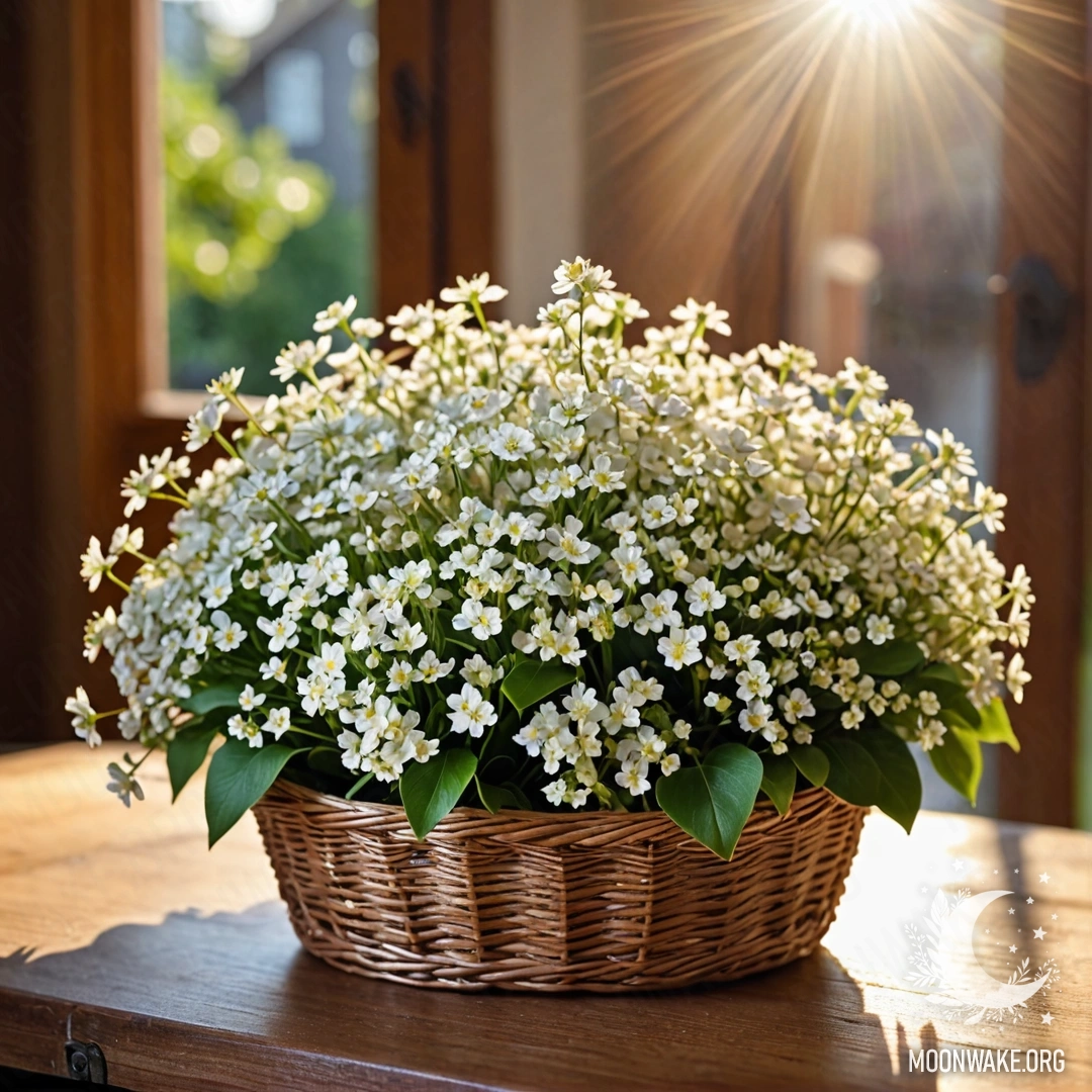 A basket filled with small white flowers resting on a wooden table, bathed in sunlight.
