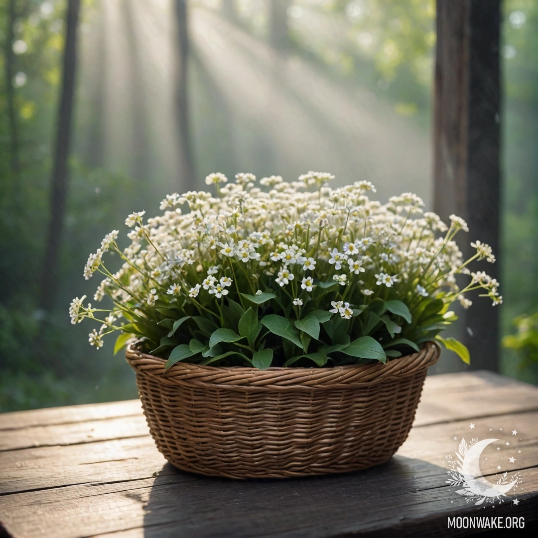 A basket filled with small white flowers on a wooden table, illuminated by sunlight, surrounded by dense fog.