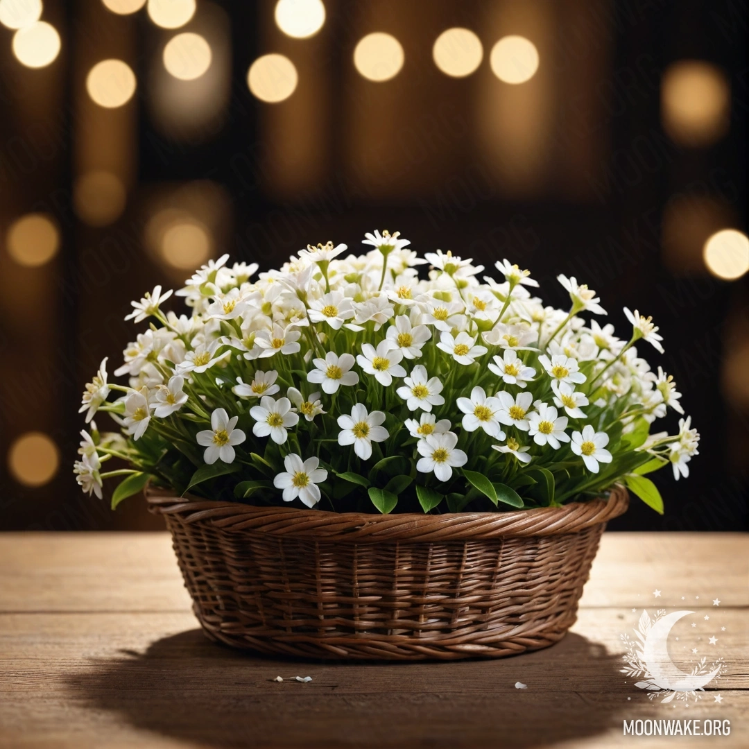 Cozy Basket of White Flowers in Moonlight A basket filled with small white flowers on a wooden table at night.