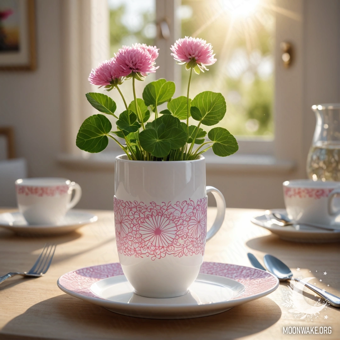 A cozy basket filled with small white flowers sitting on a wooden table, with sunlight filtering through the rain.
