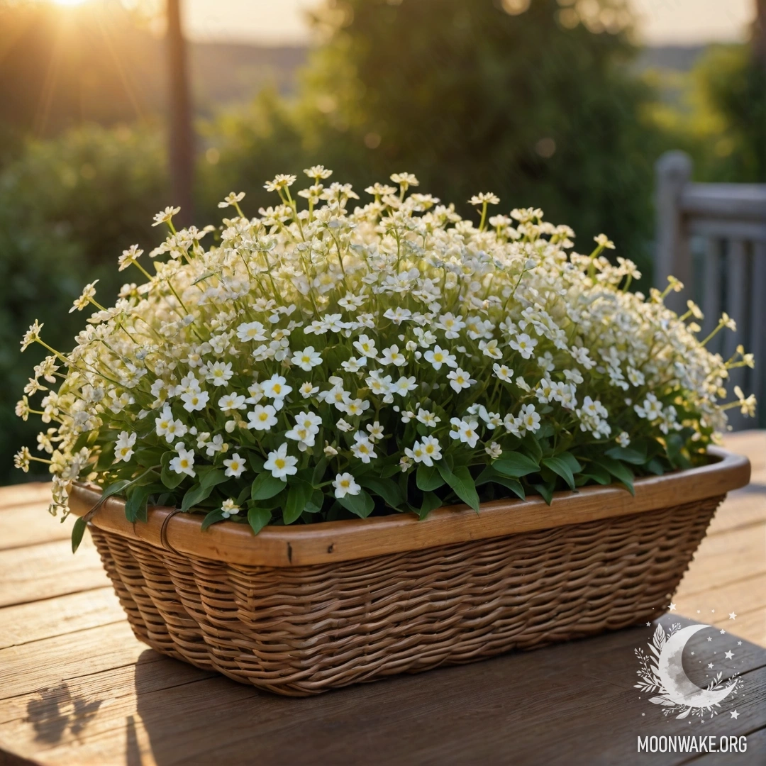 A basket containing small white flowers rests on a wooden table, illuminated by sunset light.