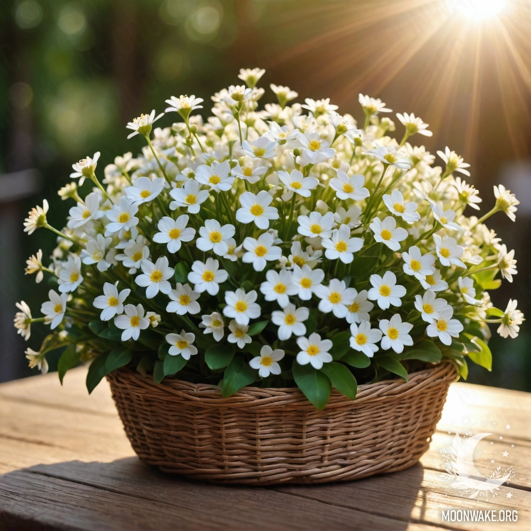 A cozy basket filled with small white flowers on a wooden table, illuminated by the rays of the sunset.