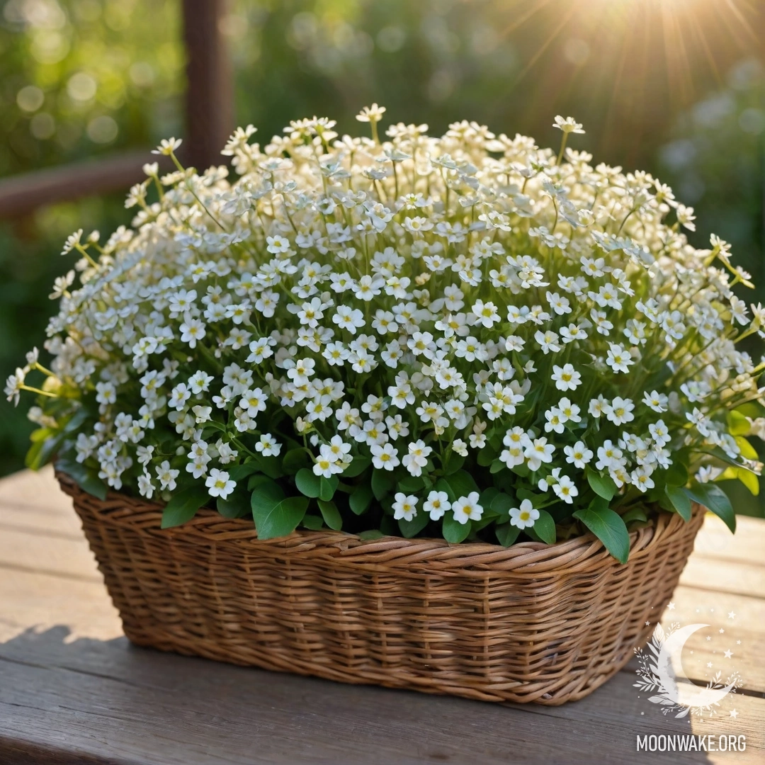 A cozy basket filled with small white flowers illuminated by sun rays.