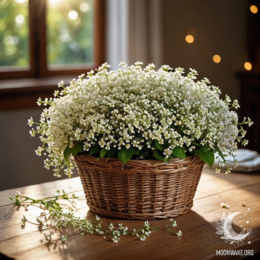 A cozy basket filled with small white flowers on a wooden table, illuminated by sunlight.