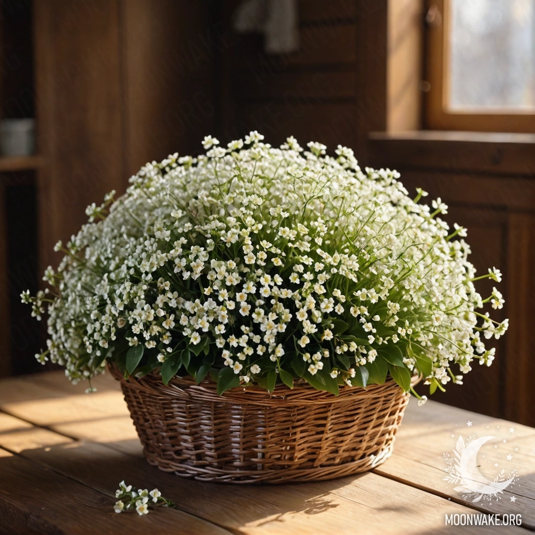 A basket filled with small white flowers sitting on a wooden table, illuminated by sunlight.