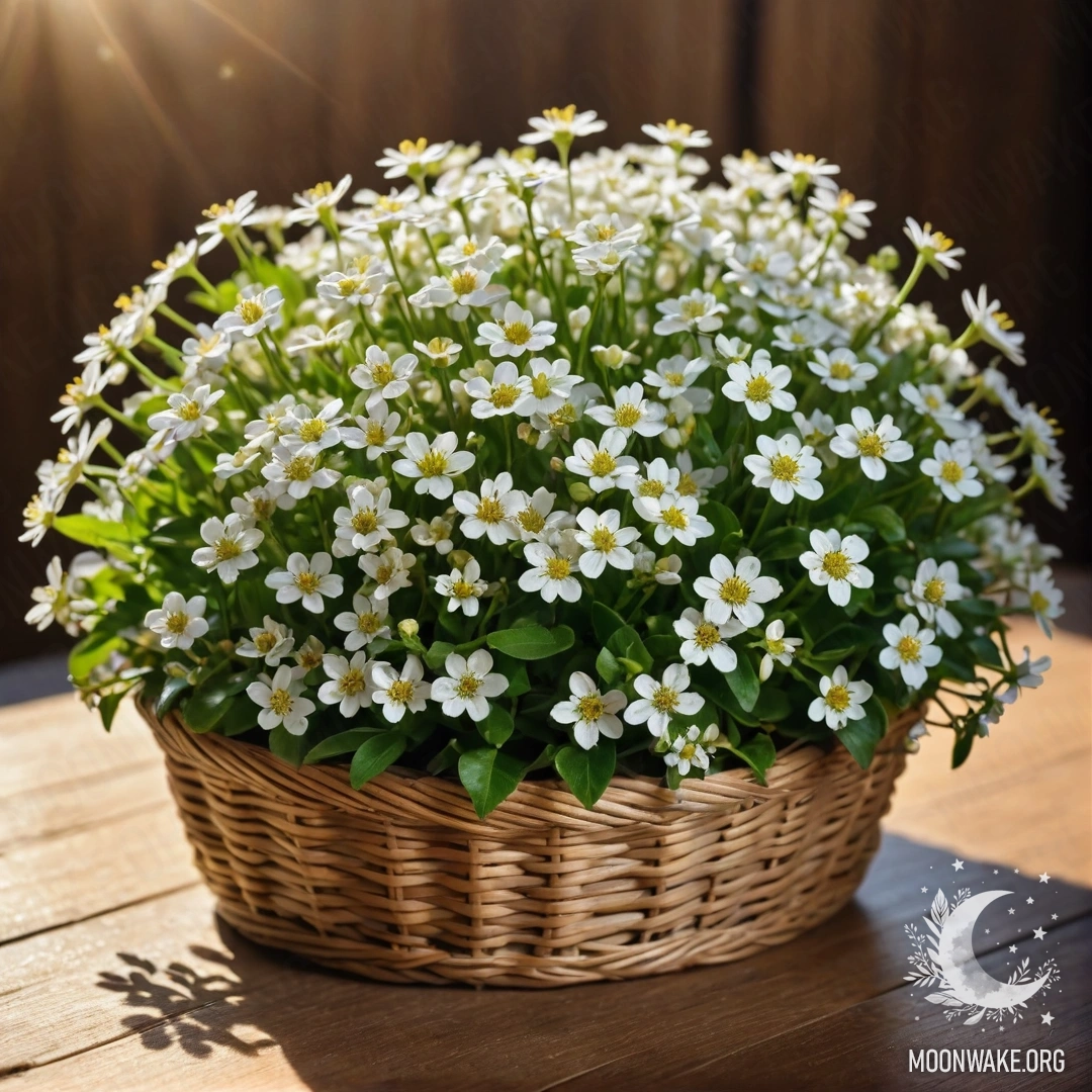 A cozy basket filled with small white flowers, resting on a wooden table illuminated by sunlight.