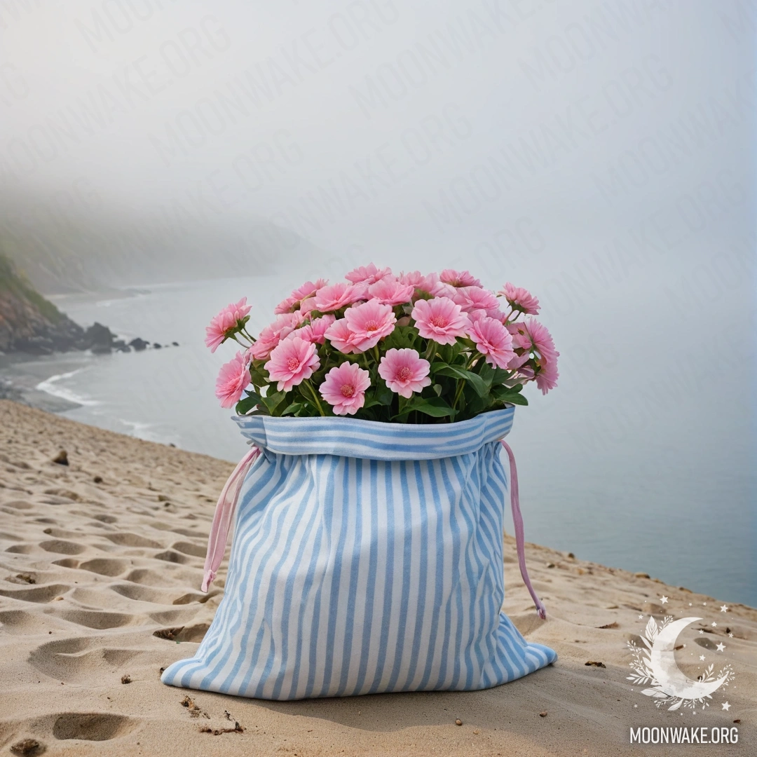 A white and blue striped bag filled with pink flowers on a sunny sandy beach, with the blue sea and sky in the background shrouded in heavy fog.