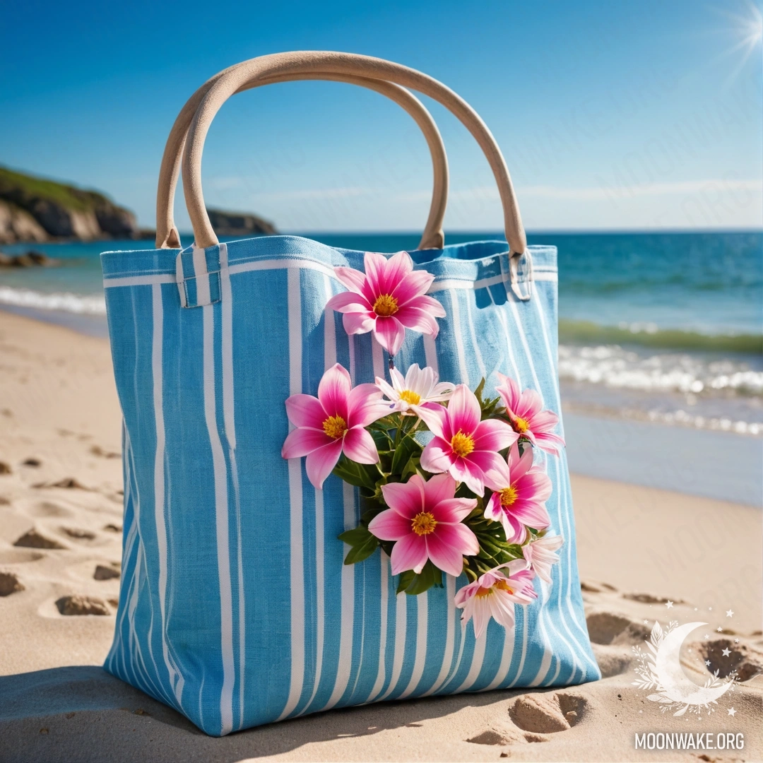 Cozy Beach Vibes with Flowers A white and blue striped bag filled with pink flowers on a sunny beach.