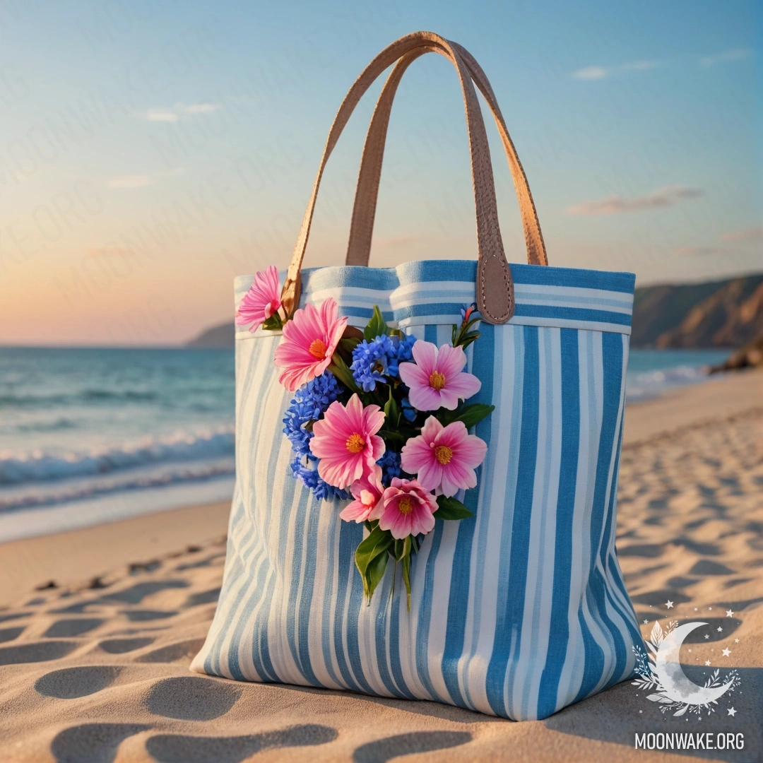 A white and blue striped bag filled with pink flowers on a sunny beach with the blue sea and sky at sunset.