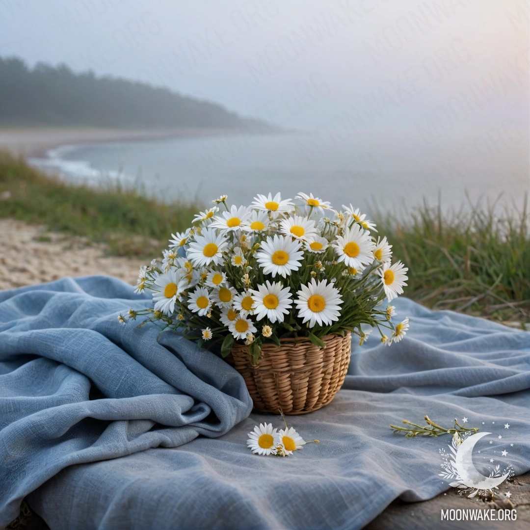 A cozy setting on a sandy beach at sunset, featuring a straw bag with a blue tablecloth and a bouquet of daisies, surrounded by dense fog and the sea.