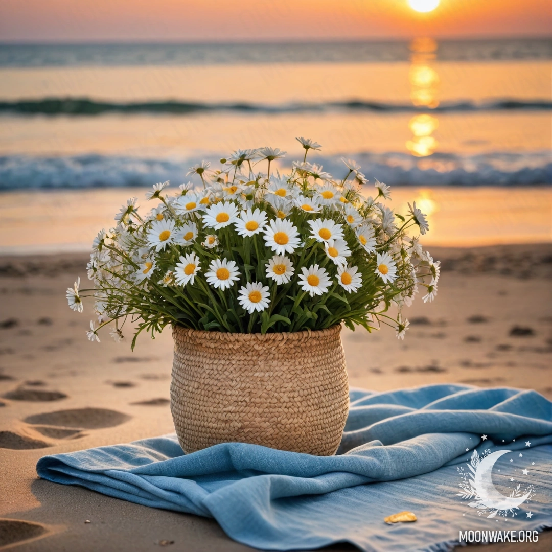 A straw bag containing a blue tablecloth and a bouquet of daisies on a sandy beach at sunset, with the sea and a garland of lights in the background.