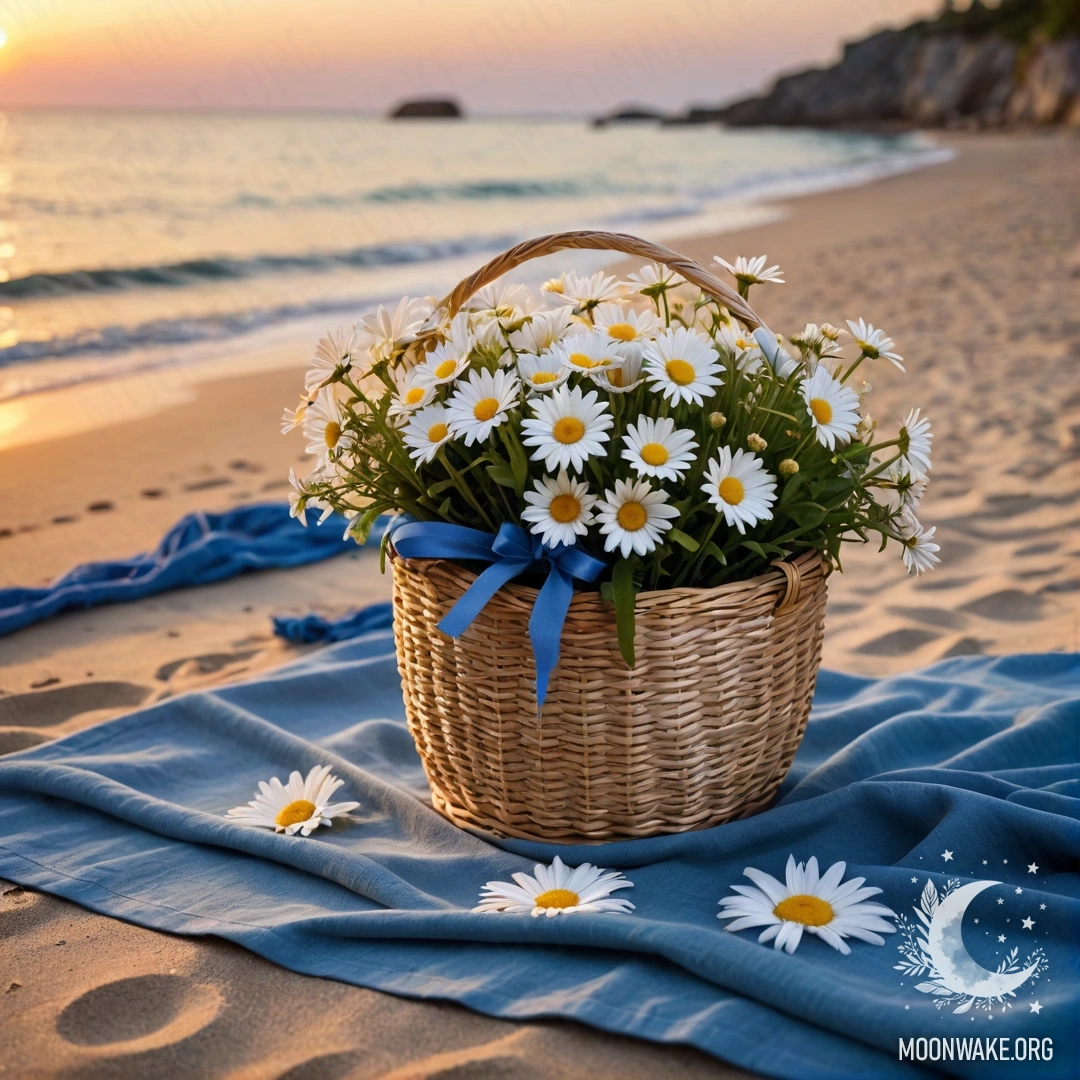 A cozy beach scene at sunset featuring a straw bag with a blue tablecloth and a bouquet of daisies, illuminated by garland lights against the sea.