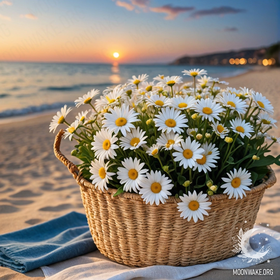 Cozy Beach Sunset with Flowers A cozy scene on a sandy beach at sunset, featuring a straw bag with a blue tablecloth and daisies, with the sea in the background at night.