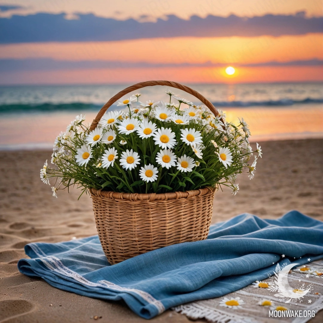Cozy Beach Sunset A straw bag containing a blue tablecloth and a bouquet of daisies on a sandy beach at sunset, with the sea in the background.