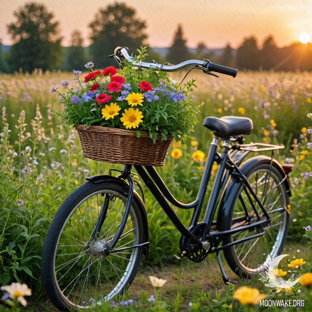 A bicycle with a flower basket in a field during sunset.