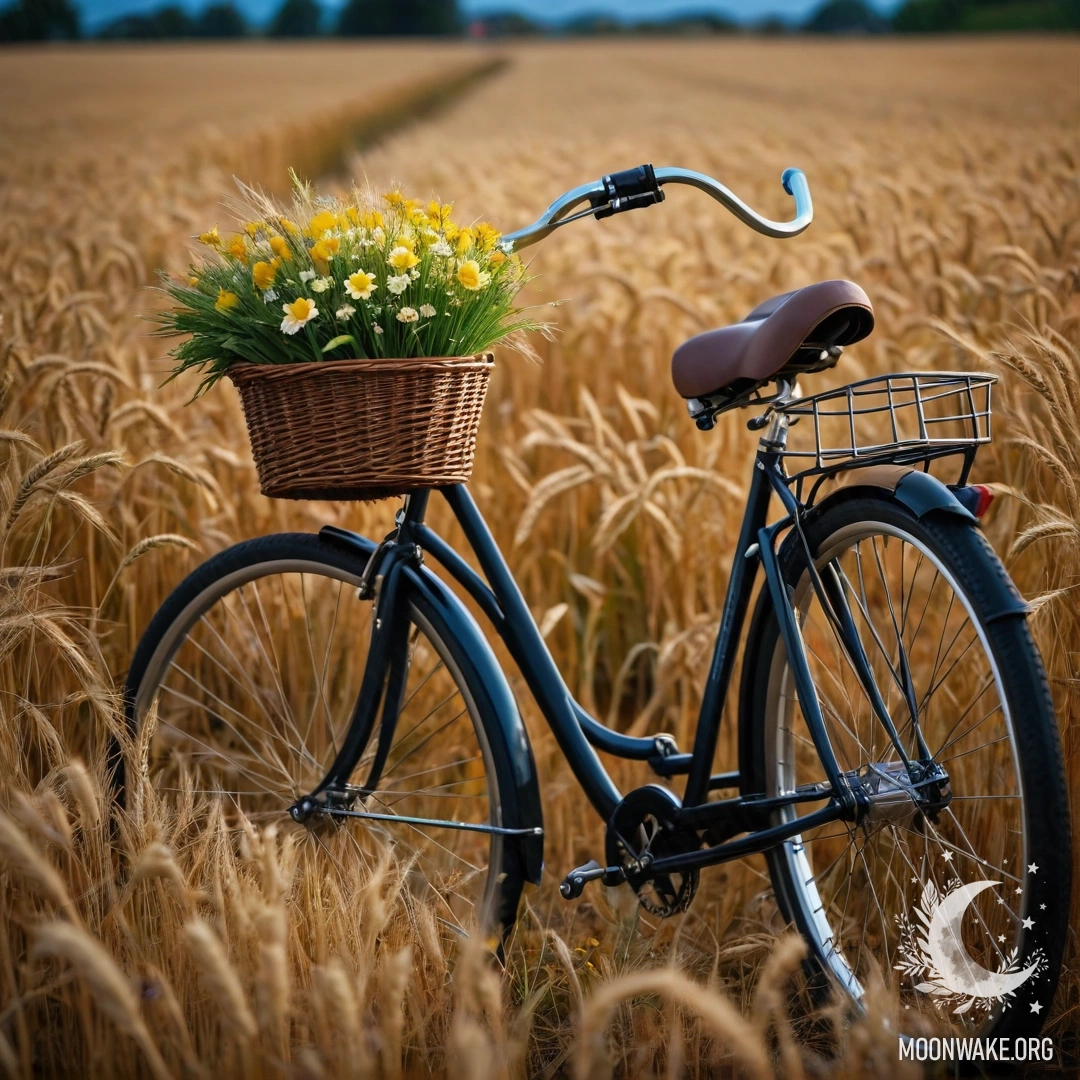 A bicycle with a flower basket stands in a wheat field at night.