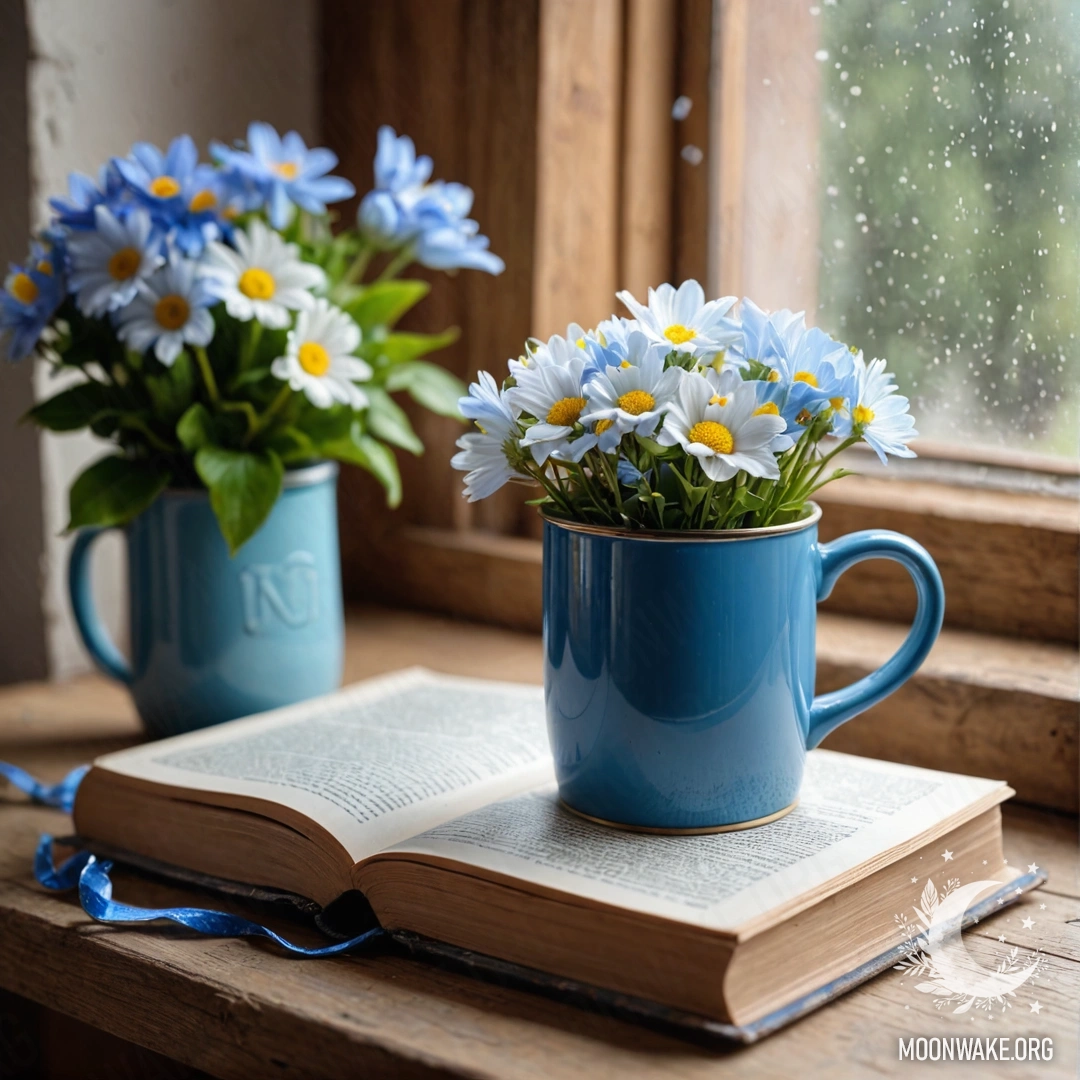 A blue book and a blue metal mug with flowers on a wooden windowsill.