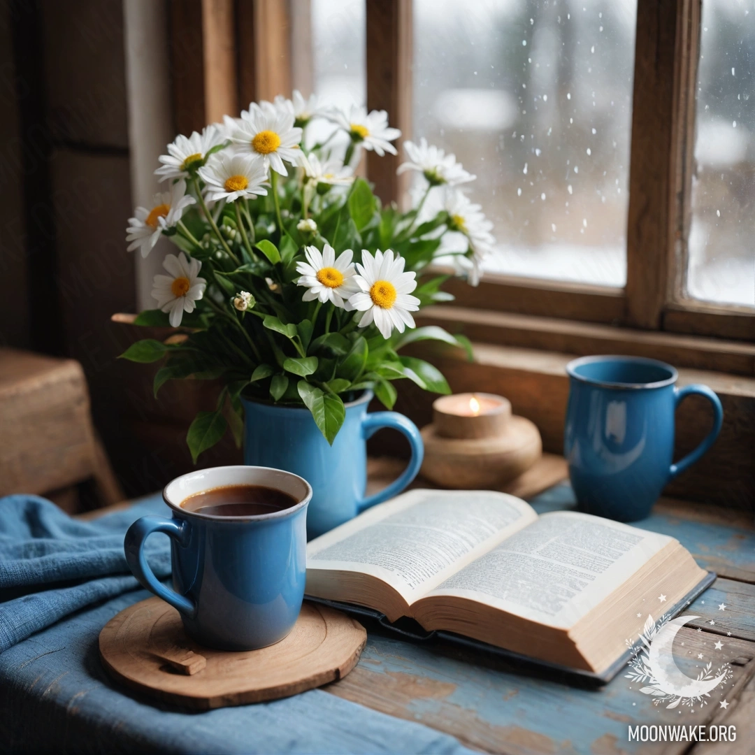 A blue book resting on a wooden windowsill with a blue metal mug filled with flowers and fairy lights.