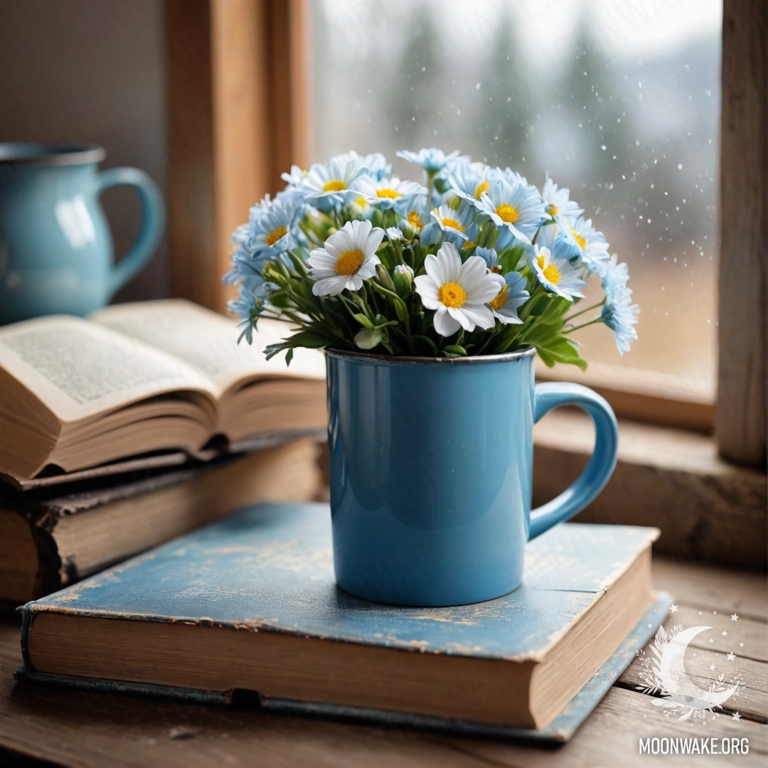 A blue book with a blue metal mug filled with flowers on a wooden windowsill, adorned with garland lights.