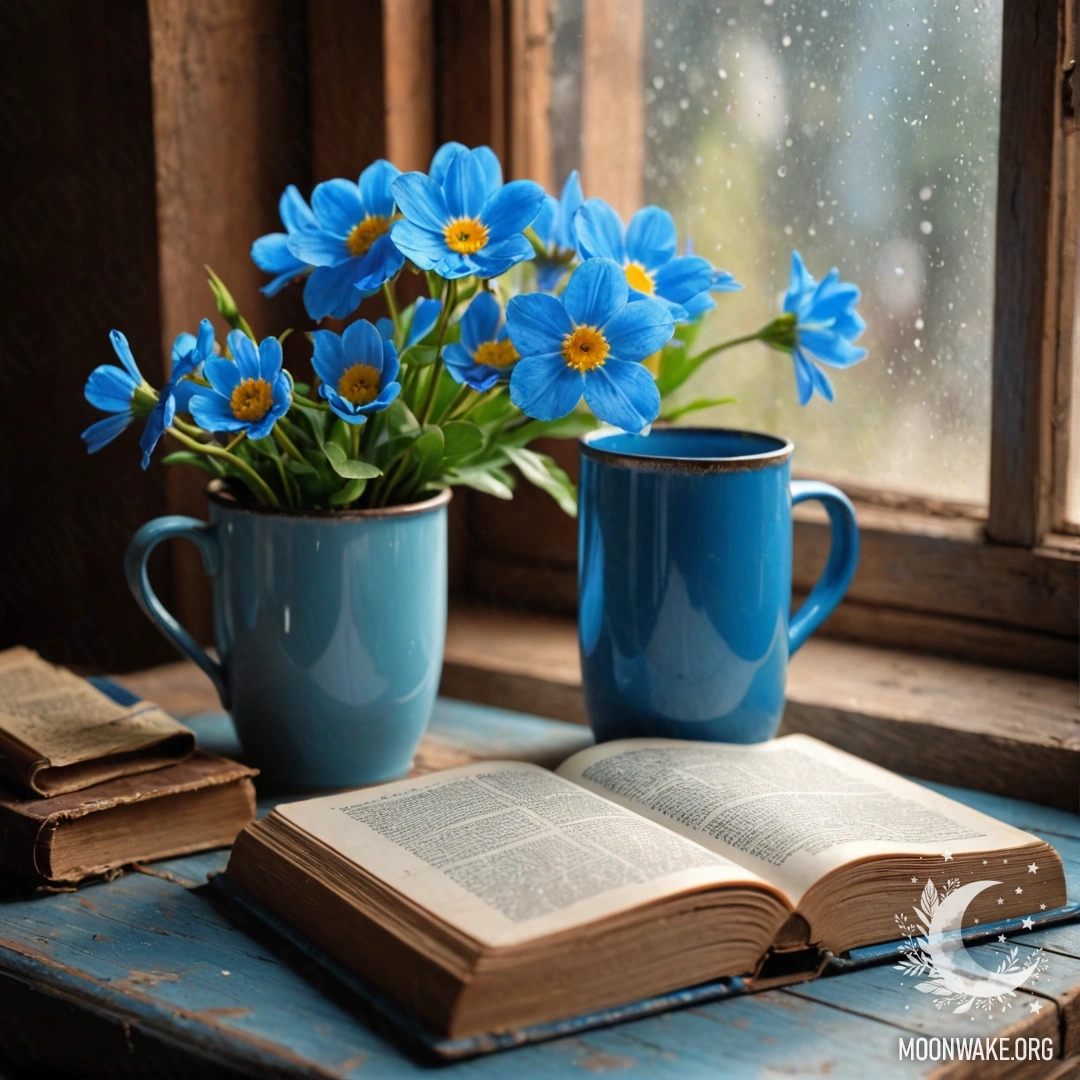 Cozy Blue Book and Flowers on Windowsill A blue book resting on a wooden windowsill with a blue metal mug filled with flowers, captured in a photorealistic style.