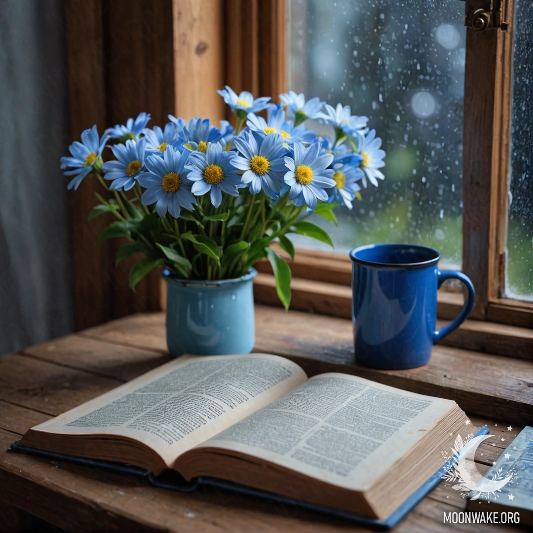 Cozy Blue Book and Flowers on Windowsill A cozy blue book resting on a wooden windowsill with a metal mug and flowers inside.