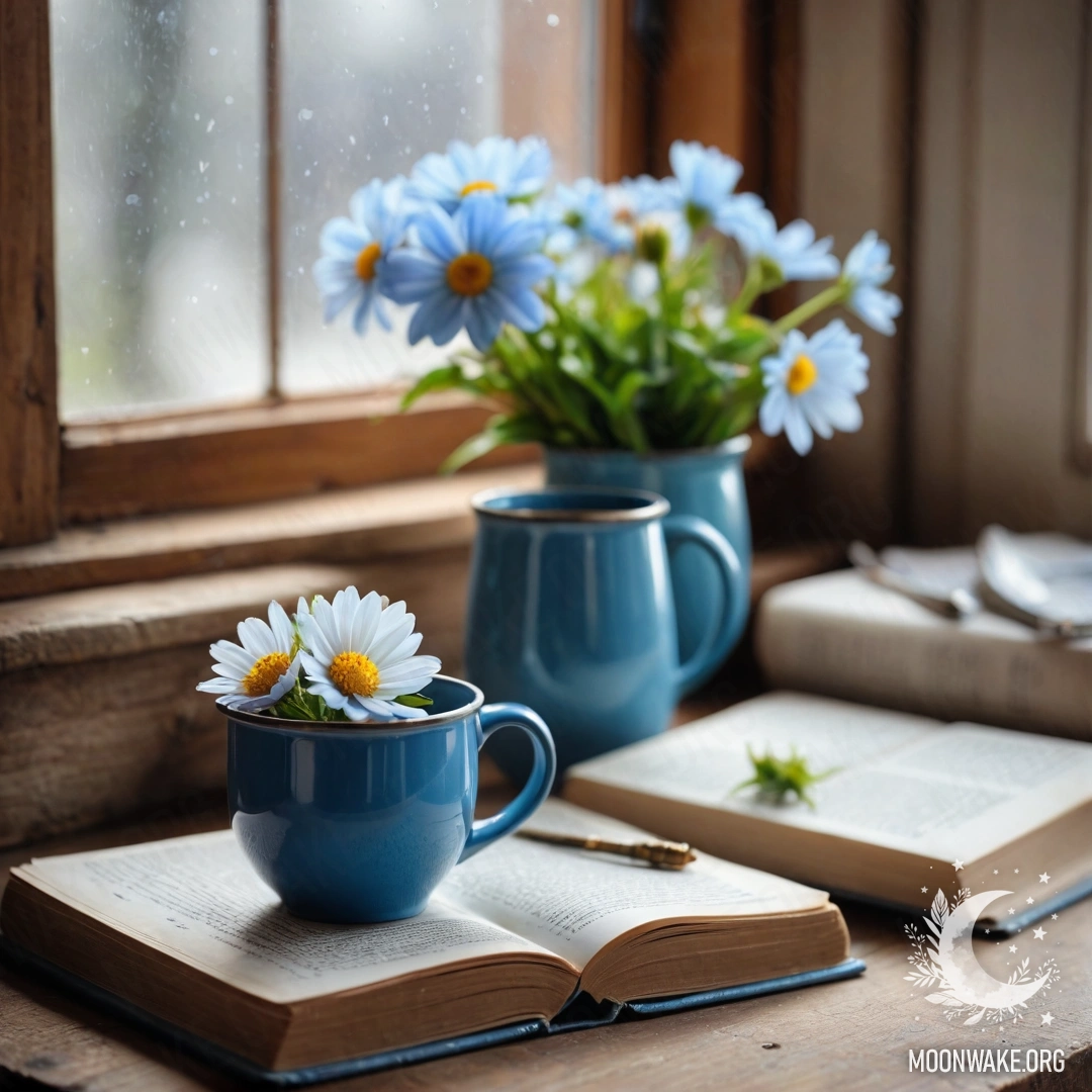 A blue book resting on a wooden windowsill with a blue mug and flowers.